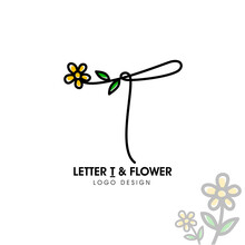 Simple And Beauty Initial Logo Letter T Line Style Combining With Sunflower And Two Green Leaf