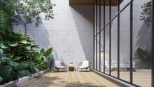 Wooden Terrace Between Glass Wall And Green Garden 3d Render,decorate With Tropical Style Tree,sunlight On The Wall