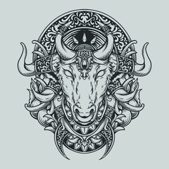 Wall Mural - tattoo and t shirt design black and white hand drawn taurus bull engraving ornament