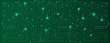 Circuit Board Electronic Or Electrical Line With Glow Light On Green Engineering Technology Concept Vector Panorama Background