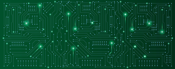 circuit board electronic or electrical line with glow light on green engineering technology concept vector panorama background