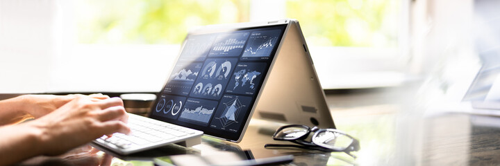 Poster - Analytics Dashboard On Laptop Screen. Woman