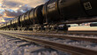 Cistern train with petroleum and crude oil transportation diesel fuel via railroad. Close up view to the freight train with oil tanks delivery energy from refinery station for export, 3d render.