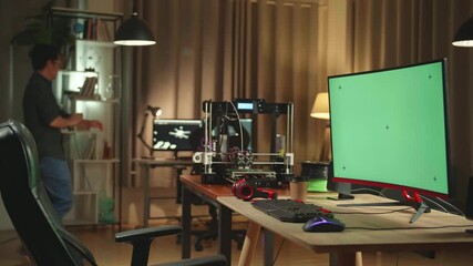 3D Printer And Personal Computer With Mock Up Green Screen Display In Home Office
