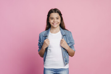 Wall Mural - Smiling, positive girl posing on a pink background. Beautiful teenage girl