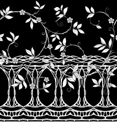 Wall Mural - Floral Seamless pattern, background with In art nouveau style, vintage, old, retro style. Black and white graphics vector illustration..