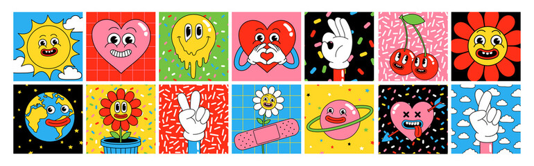 Wall Mural - Funny cartoon characters. Square posters, sticker pack. Vector illustration of heart, patch, hands, abstract faces etc.