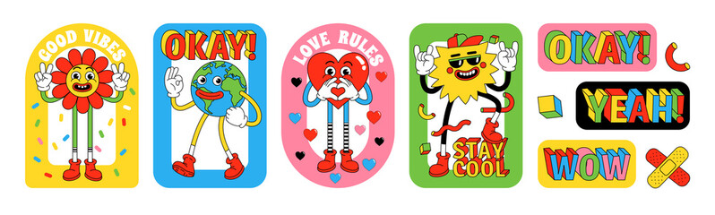 Wall Mural - Funny cartoon characters. Sticker pack, posters, prints in trendy retro cartoon style.