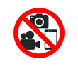 No Photographing prohibition sign symbol icon. Video, photo, phone, prohibited logo pictogram. Vector illustration. Isolated on white background.	

