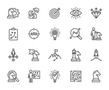 Vector Set Of Business Strategy Line Icons. Contains Icons Tactic, Plan, Target Audience, Research, Problem, Path, Direction And More. Pixel Perfect.