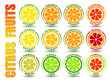 Creative concept set of round cartoon logos with citrus fruits icons. Flat illustration symbols of Orange, Lemon, Lime, Grapefruit, Pomelo, Mandarin, Bergamot, Kumquat, Clementine vector circle signs