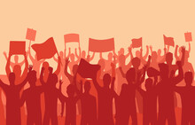 Peaceful Protest And Revolution. Silhouette Of Riot Protesting Crowd Demonstrators With Banners And Flags. People On The Meeting, Crowd With Banners.  Illustration Of Conflict