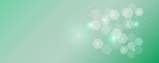 Abstract of health care and science flat icon pattern medical innovation concept on green background and glow lighting vector graphic design.