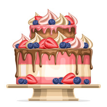 Vector Illustration Of Birthday Cake, Two Tier Layered Cake With Twisted Merengue, Half Strawberries And Whole Blueberry, Topping Melted Chocolate, Square Poster With Wedding Cake On White Background.