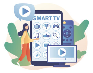 Poster - Tiny woman watch menu Smart TV in smartphone app. Modern television technology. Video, content, applications on multimedia box tv. Modern flat cartoon style. Vector illustration on white background