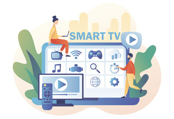 Poster - Tiny people watch menu Smart TV on laptop. Video, content, applications on multimedia box tv. Modern television technology. Modern flat cartoon style. Vector illustration on white background