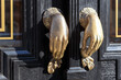 Two female hands with an apple. Doorhandle