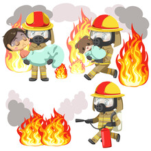Set Hero Man Wearing Firefighter Uniform Protection Toxic Mask Help People Animal