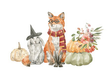 Watercolor Cute Forest Animals In Halloween Costumes And Pumpkins. Fox, Rabbit, Autumn Vegetables, Flowers