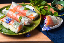 Healthy Food Concept Fresh Smoked Salmon Rice Paper Spring Rolls With Colorful Vegetable With Copy Space