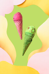 Delicious ice cream on a colored background. Two ice creams are levitating on a green background. Pink and green ice cream is a stylish concept with a place for the text. Stylish food photo of ice cre