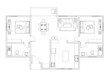 © Aisyaqilumar - 2D CAD house layout plan drawing with a double bedroom complete with bathrooms, balcony, furniture, kitchen and living room. Drawing produced in black and white.