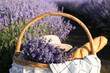 Wicker picnic basket in lavender field