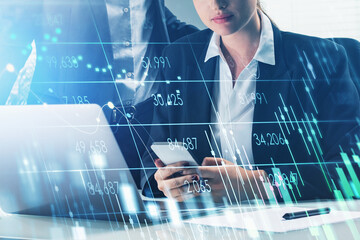 Aufkleber - businessman and businesswoman or stock traders analyzing stock data to apply new strategy to beat th