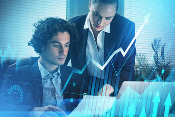 Aufkleber - businessman and businesswoman or stock traders analyzing stock data to apply new strategy to beat th
