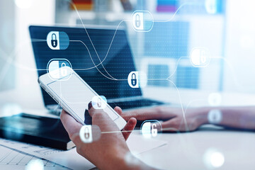 Poster - Woman hand using smartphone with touch screen, blue glowing information protection padlock icons. Concept of cyber security and data storage
