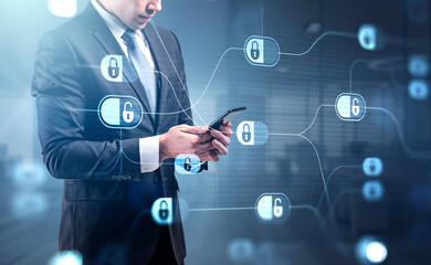 Poster - Businessman in formal suit is browsing the Internet in smartphon