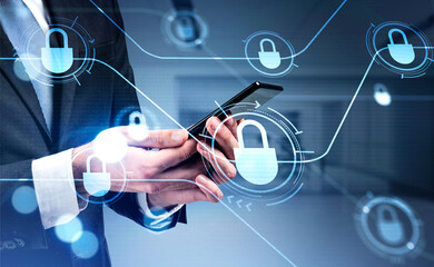 Poster - Businessman in formal suit is browsing the Internet in smartphone. Blue glowing information protection padlock icons. Concept of cyber security and data storage