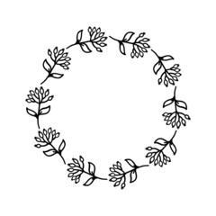 Wall Mural - Hand-drawn wreath on white background. Black plant doodle wreath.