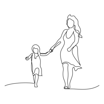 happy mom with her female child in continuous line art drawing style. mother and daughter walking to