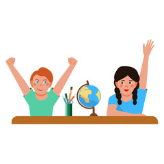 Wall Mural - A boy and a girl are sitting at a desk and pulling their hands. Students want to answer in class. Vector illustration in a flat cartoon style