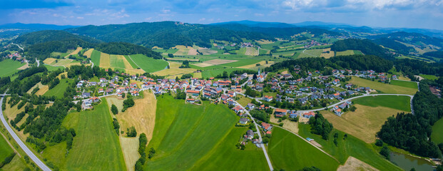 Wall Mural - Aerial view around the village Kumreut in Germany., Bavaria on a sunny afternoon in spring.