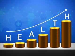 Health is Wealth Backdrop with 3D Rendered Dollar Sign Coins and Medical Backdrop. Modern Health concept background in a empty room with stage, health insurance background