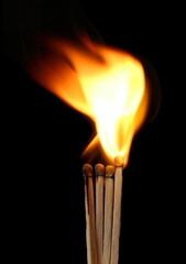 Wall Mural - Match stick ignited burning bright big fire flame isolated on black background, clipping path