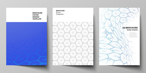 Canvas Print - Vector layout of A4 format cover mockups design templates for brochure, flyer. Digital technology and big data concept with hexagons, connecting dots and lines, polygonal science medical background.