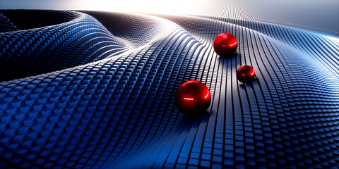 Wall Mural - waves in a digital raster micro structure with red balls - 3d illustration