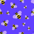 © Nikita - Vector Seamless Patter, Colorful Bees on Purple Background, Colorful Background, Honey.
