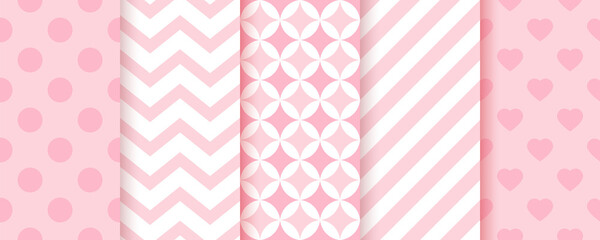 Wall Mural - Baby girl seamless pattern. Pink backgrounds. Pastel geometric prints. Vector. Set of kids textures. Cute childish backdrop with zigzag, polka dot, stripes and hearts. Modern illustration.