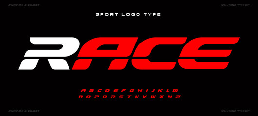 Wall Mural - Sports alphabet for racing, sports, super hero headlines and car or gym logo. Bold italic red letters with line for dynamic cinema and poster text.Action and fast style font, modern vector typography.