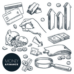 Money, investment and finance vector sketch icons. Crisis, financial losses and bankruptcy hand drawn design elements
