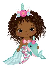 Cute Unicorn African American Mermaid Wearing Horn With Flowers And Holding Whale. Vector Baby Mermaid