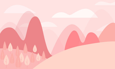  Flat, pink vector of a nature scene with hills, mountains, trees and a cloudy sky. The illustration has blank copy space with room for text. Great for backgrounds, backdrops, banners and posters.