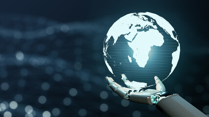 Aufkleber - Artificial intelligence mechanical robot hand unity holding hologram globe of world, communication data development of AI technology machine learning research, 3d rendering model futuristic background