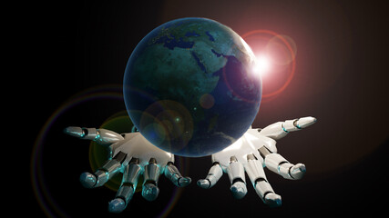 Aufkleber - Artificial intelligence mechanical robot hand holding global world in space with sun shine, communication data development of AI technology machine learning research, 3d model futuristic background