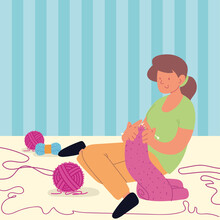 Woman Sitting Weaving Scarf