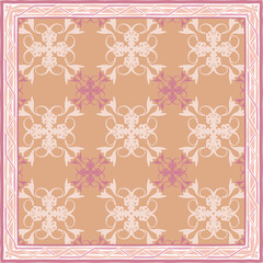 Poster -  scarf pattern design on red. Geometric ornament with frame, border. Bandanna, shawl, scarf, tablecloth design for textile fabric print 